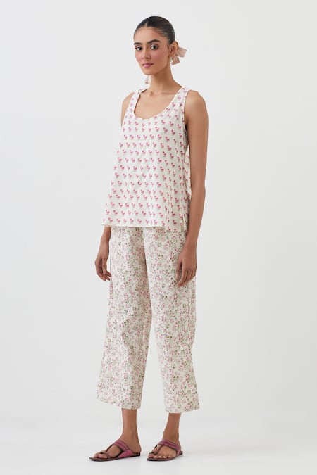 Upavita Pink Cotton, Chanderi Embroidery V-neck Floral Hand Block Print Top And Pant Set Online at Aza Fashions Upavita_Pink Cotton, Chanderi Embroidery V-neck Floral Hand Block Print Top And Pant Set _Online_at_Aza_Fashions