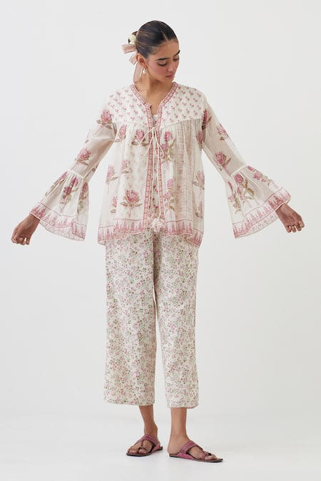 Buy Upavita Pink Cotton, Chanderi Embroidery V-neck Floral Hand Block Print Top And Pant Set Online at Aza Fashions Buy_Upavita_Pink Cotton, Chanderi Embroidery V-neck Floral Hand Block Print Top And Pant Set _Online_at_Aza_Fashions