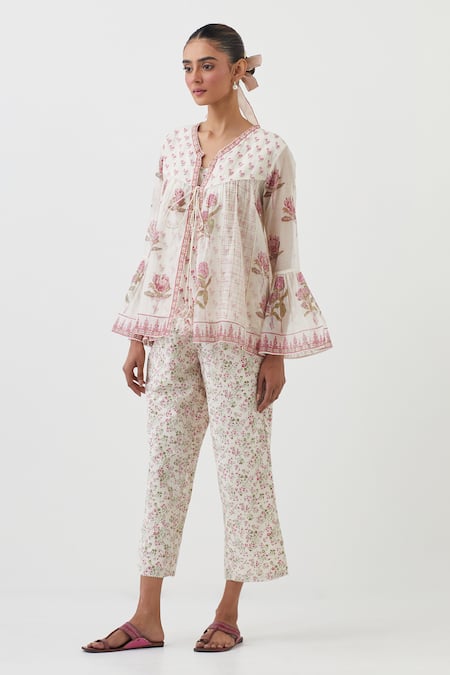 Shop Upavita Pink Cotton, Chanderi Embroidery V-neck Floral Hand Block Print Top And Pant Set Online at Aza Fashions Shop_Upavita_Pink Cotton, Chanderi Embroidery V-neck Floral Hand Block Print Top And Pant Set _Online_at_Aza_Fashions