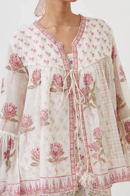 Upavita Pink Cotton, Chanderi Embroidery V-neck Floral Hand Block Print Top And Pant Set at Aza Fashions Upavita_Pink Cotton, Chanderi Embroidery V-neck Floral Hand Block Print Top And Pant Set _at_Aza_Fashions