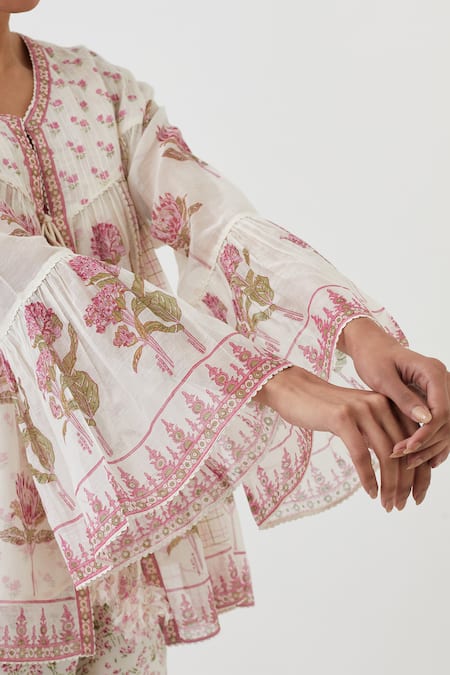 Buy Upavita Pink Cotton, Chanderi Embroidery V-neck Floral Hand Block Print Top And Pant Set Buy_Upavita_Pink Cotton, Chanderi Embroidery V-neck Floral Hand Block Print Top And Pant Set