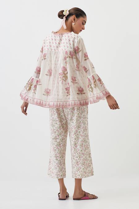 Shop Upavita Pink Cotton, Chanderi Embroidery V-neck Floral Hand Block Print Top And Pant Set at Aza Fashions Shop_Upavita_Pink Cotton, Chanderi Embroidery V-neck Floral Hand Block Print Top And Pant Set _at_Aza_Fashions