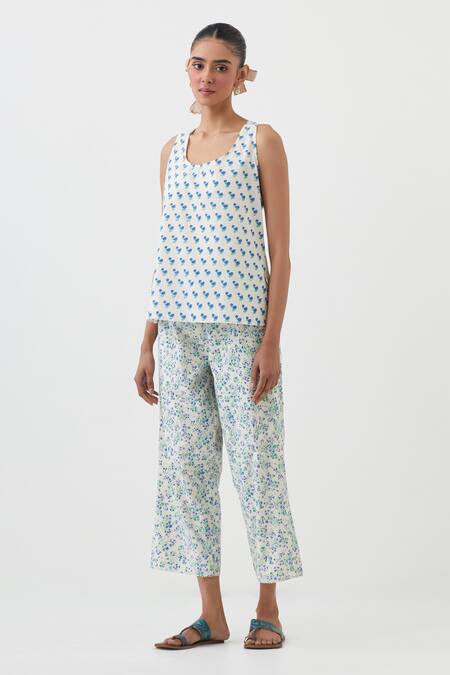 Upavita Blue Top Cotton Chanderi Hand Block Print Floral V Neck Flower And Pant Set Online at Aza Fashions Upavita_Blue Top Cotton Chanderi Hand Block Print Floral V Neck Flower And Pant Set _Online_at_Aza_Fashions