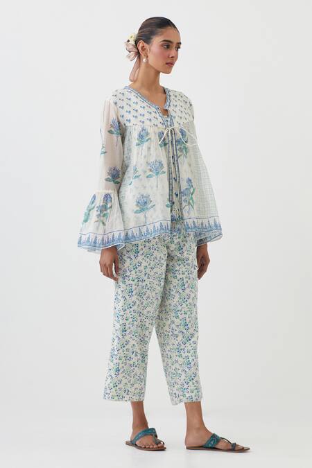 Buy Upavita Blue Top Cotton Chanderi Hand Block Print Floral V Neck Flower And Pant Set Online at Aza Fashions Buy_Upavita_Blue Top Cotton Chanderi Hand Block Print Floral V Neck Flower And Pant Set _Online_at_Aza_Fashions