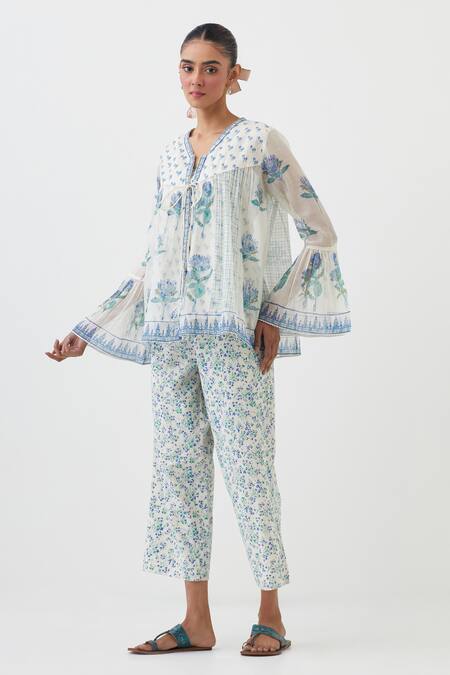 Shop Upavita Blue Top Cotton Chanderi Hand Block Print Floral V Neck Flower And Pant Set Online at Aza Fashions Shop_Upavita_Blue Top Cotton Chanderi Hand Block Print Floral V Neck Flower And Pant Set _Online_at_Aza_Fashions