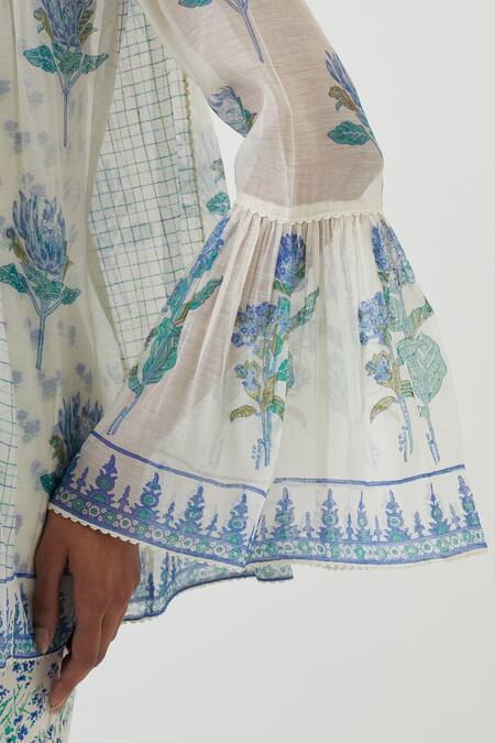 Upavita Blue Top Cotton Chanderi Hand Block Print Floral V Neck Flower And Pant Set at Aza Fashions Upavita_Blue Top Cotton Chanderi Hand Block Print Floral V Neck Flower And Pant Set _at_Aza_Fashions