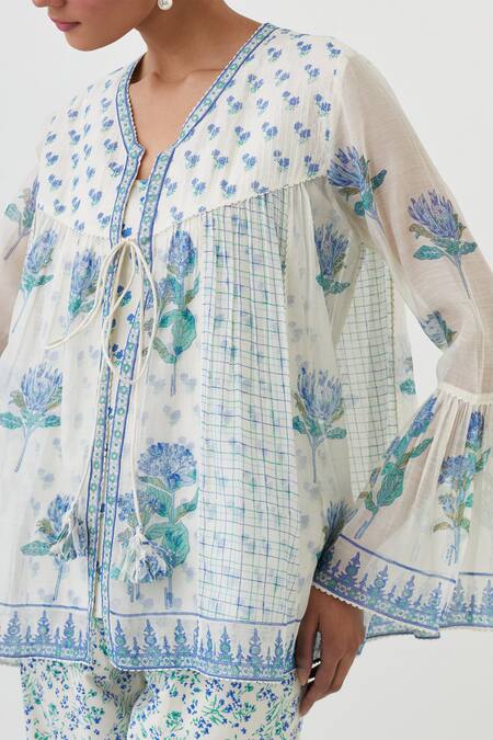 Buy Upavita Blue Top Cotton Chanderi Hand Block Print Floral V Neck Flower And Pant Set Buy_Upavita_Blue Top Cotton Chanderi Hand Block Print Floral V Neck Flower And Pant Set