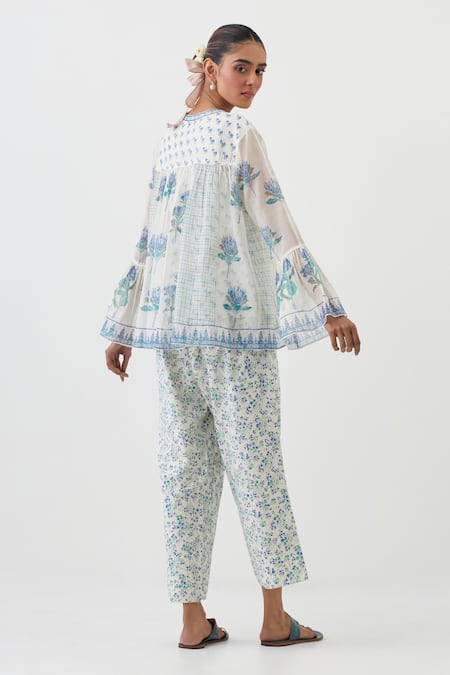 Shop Upavita Blue Top Cotton Chanderi Hand Block Print Floral V Neck Flower And Pant Set at Aza Fashions Shop_Upavita_Blue Top Cotton Chanderi Hand Block Print Floral V Neck Flower And Pant Set _at_Aza_Fashions