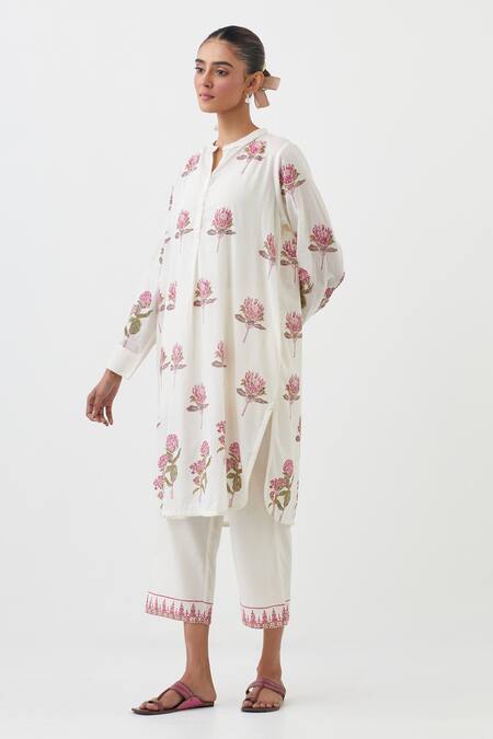 Buy Upavita Off White Cotton Print Floral Mandarin Collar Kurta With Pant Online at Aza Fashions Buy_Upavita_Off White Cotton Print Floral Mandarin Collar Kurta With Pant _Online_at_Aza_Fashions