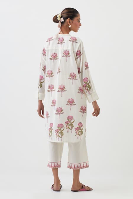 Shop Upavita Off White Cotton Print Floral Mandarin Collar Kurta With Pant at Aza Fashions Shop_Upavita_Off White Cotton Print Floral Mandarin Collar Kurta With Pant _at_Aza_Fashions