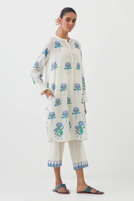 Buy Upavita Off White Cotton Print Floral Mandarin Collar Blossom Kurta With Pant Online at Aza Fashions Buy_Upavita_Off White Cotton Print Floral Mandarin Collar Blossom Kurta With Pant _Online_at_Aza_Fashions