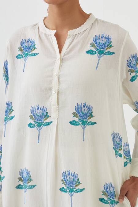 Shop Upavita Off White Cotton Print Floral Mandarin Collar Blossom Kurta With Pant Online at Aza Fashions Shop_Upavita_Off White Cotton Print Floral Mandarin Collar Blossom Kurta With Pant _Online_at_Aza_Fashions