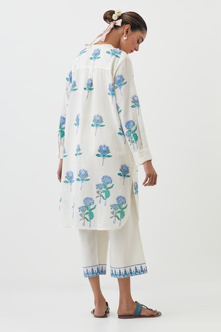 Shop Upavita Off White Cotton Print Floral Mandarin Collar Blossom Kurta With Pant at Aza Fashions Shop_Upavita_Off White Cotton Print Floral Mandarin Collar Blossom Kurta With Pant _at_Aza_Fashions