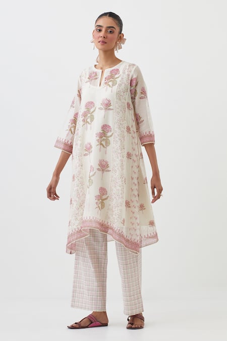 Buy Upavita Off White Cotton, Chanderi Floral Hand Block Print A-line Kurta Pant Set Online at Aza Fashions Buy_Upavita_Off White Cotton, Chanderi Floral Hand Block Print A-line Kurta Pant Set _Online_at_Aza_Fashions