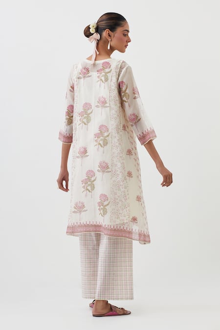 Shop Upavita Off White Cotton, Chanderi Floral Hand Block Print A-line Kurta Pant Set at Aza Fashions Shop_Upavita_Off White Cotton, Chanderi Floral Hand Block Print A-line Kurta Pant Set _at_Aza_Fashions
