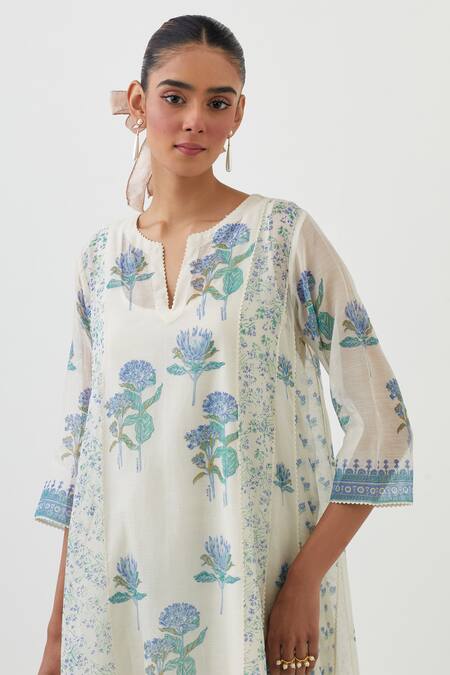 Shop Upavita Off White Kurta And Dupatta Cotton Chanderi Hand Block Flower A-line Pant Set Online at Aza Fashions Shop_Upavita_Off White Kurta And Dupatta Cotton Chanderi Hand Block Flower A-line Pant Set _Online_at_Aza_Fashions