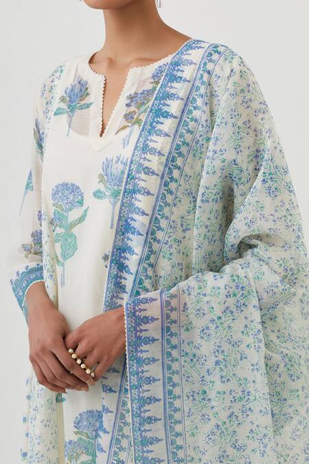 Buy Upavita Off White Kurta And Dupatta Cotton Chanderi Hand Block Flower A-line Pant Set Buy_Upavita_Off White Kurta And Dupatta Cotton Chanderi Hand Block Flower A-line Pant Set