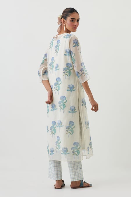 Upavita Flower Blossom Hand Block Print Kurta Pant Set 