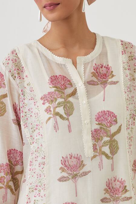 Buy_Upavita_Off White Chanderi , Embroidery Round Floret Print Kurta Pant Set _Online_at_Aza_Fashions
