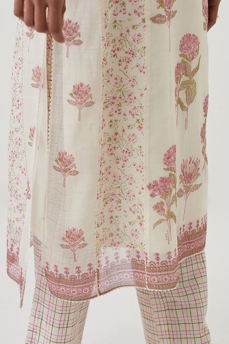 Shop_Upavita_Off White Chanderi , Embroidery Round Floret Print Kurta Pant Set _Online_at_Aza_Fashions