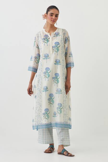 Upavita_Off White Cotton, Chanderi Embroidery Floret Print Straight Kurta Pant Set _Online_at_Aza_Fashions
