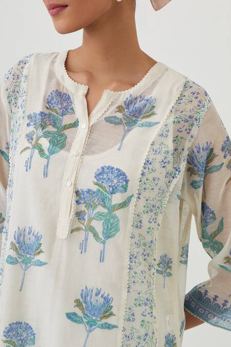 Shop_Upavita_Off White Cotton, Chanderi Embroidery Floret Print Straight Kurta Pant Set _Online_at_Aza_Fashions