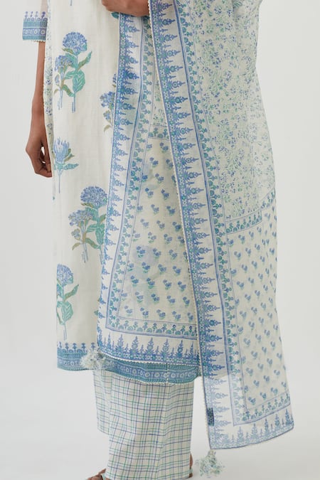 Upavita_Off White Cotton, Chanderi Embroidery Floret Print Straight Kurta Pant Set _at_Aza_Fashions
