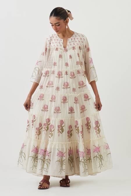 Upavita_Off White Cotton, Chanderi Embroidery Floral Hand Block Print Anarkali Pant Set _Online_at_Aza_Fashions