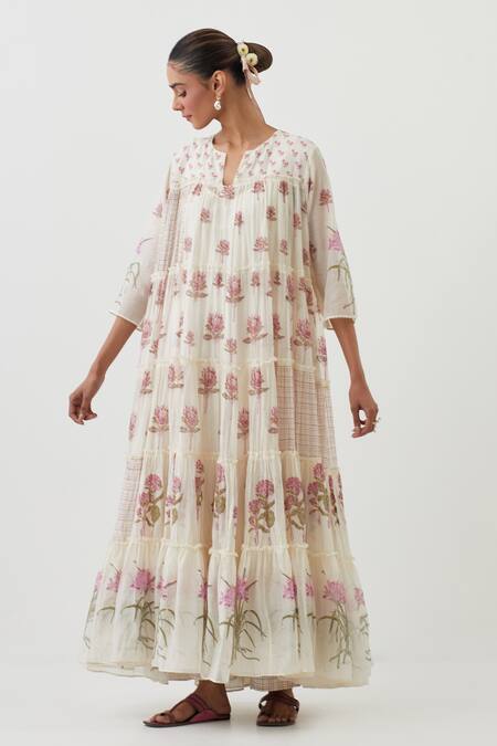 Buy_Upavita_Off White Cotton, Chanderi Embroidery Floral Hand Block Print Anarkali Pant Set _Online_at_Aza_Fashions