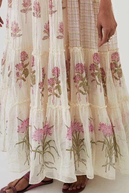 Upavita_Off White Cotton, Chanderi Embroidery Floral Hand Block Print Anarkali Pant Set _at_Aza_Fashions