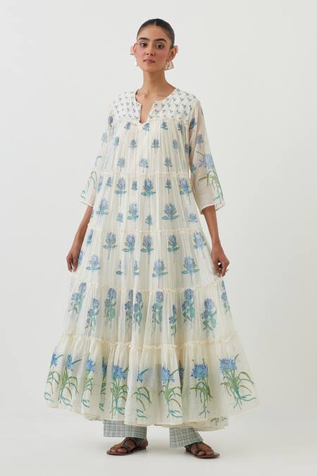 Upavita_Off White Cotton, Chanderi Embroidery Flower Hand Block Print Anarkali Pant Set _Online_at_Aza_Fashions