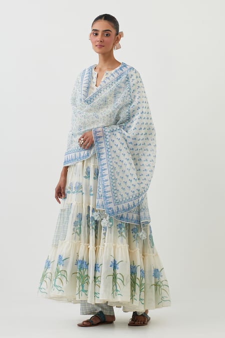 Buy_Upavita_Off White Cotton, Chanderi Embroidery Flower Hand Block Print Anarkali Pant Set _Online_at_Aza_Fashions