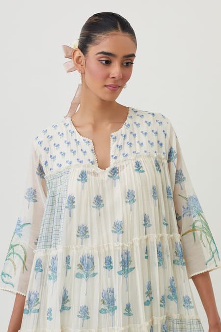 Shop_Upavita_Off White Cotton, Chanderi Embroidery Flower Hand Block Print Anarkali Pant Set _Online_at_Aza_Fashions