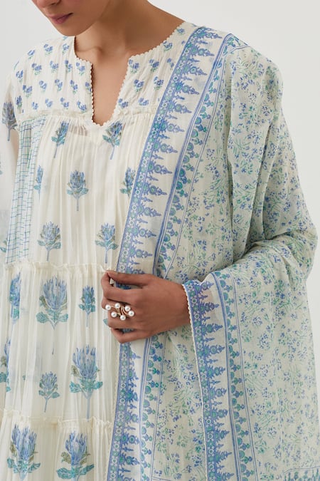 Upavita_Off White Cotton, Chanderi Embroidery Flower Hand Block Print Anarkali Pant Set _at_Aza_Fashions