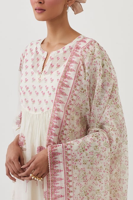 Shop Upavita Off White Anarkali And Dupatta Cotton Chanderi Hand Block Print Bloom Pant Set Online at Aza Fashions Shop_Upavita_Off White Anarkali And Dupatta Cotton Chanderi Hand Block Print Bloom Pant Set _Online_at_Aza_Fashions