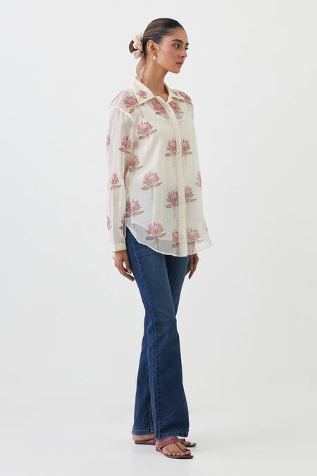 Upavita_Pink Cotton Chanderi Print Floral Collared Neck Shirt _Online_at_Aza_Fashions