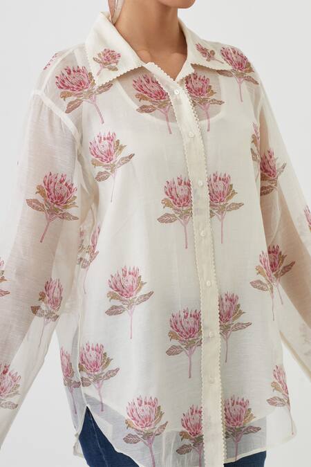 Shop_Upavita_Pink Cotton Chanderi Print Floral Collared Neck Shirt _Online_at_Aza_Fashions