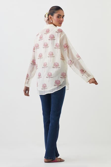 Shop_Upavita_Pink Cotton Chanderi Print Floral Collared Neck Shirt _at_Aza_Fashions