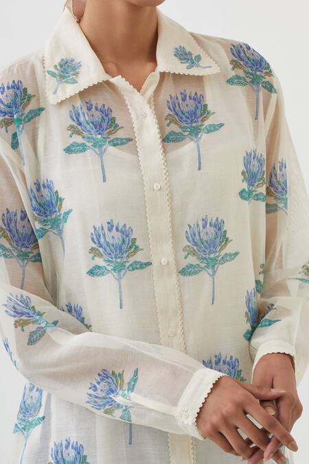 Shop_Upavita_Off White Cotton Chanderi Print Floral Collared Neck Flower Shirt _Online_at_Aza_Fashions