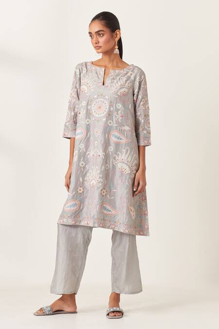 Kora_Blue , Organza Embroidery Split V-neck Aari Work Kurta Pant Set _Online_at_Aza_Fashions