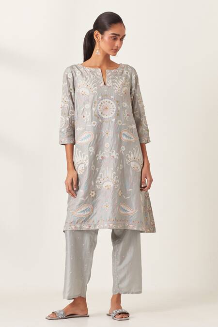Buy_Kora_Blue , Organza Embroidery Split V-neck Aari Work Kurta Pant Set _Online_at_Aza_Fashions