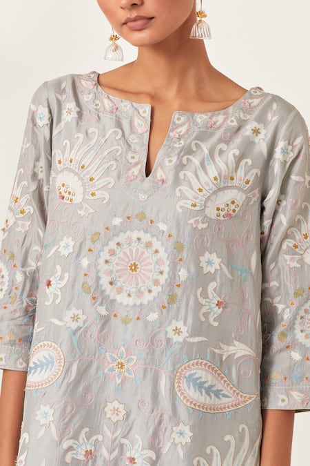 Shop_Kora_Blue , Organza Embroidery Split V-neck Aari Work Kurta Pant Set _Online_at_Aza_Fashions