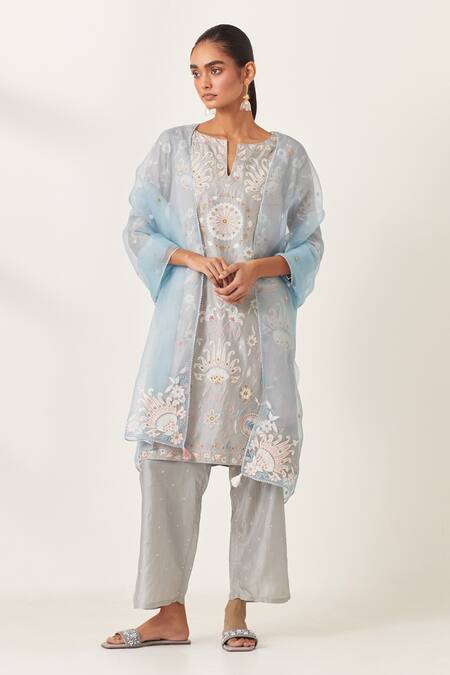 Buy_Kora_Blue , Organza Embroidery Split V-neck Aari Work Kurta Pant Set 