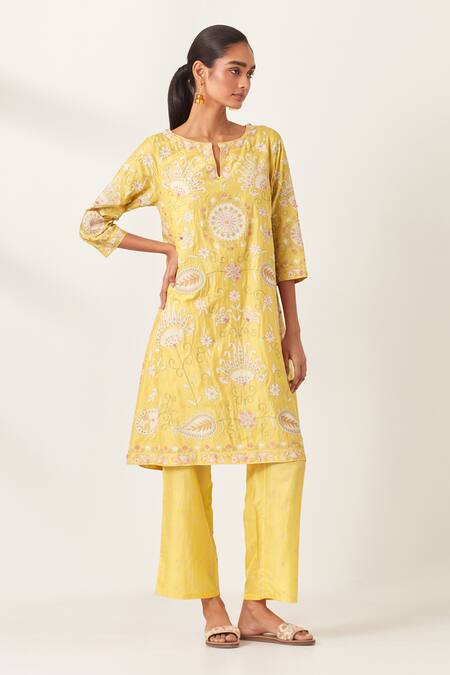 Kora_Yellow , Organza Embroidery, Applique Split V-neck Work Kurta Pant Set _Online_at_Aza_Fashions