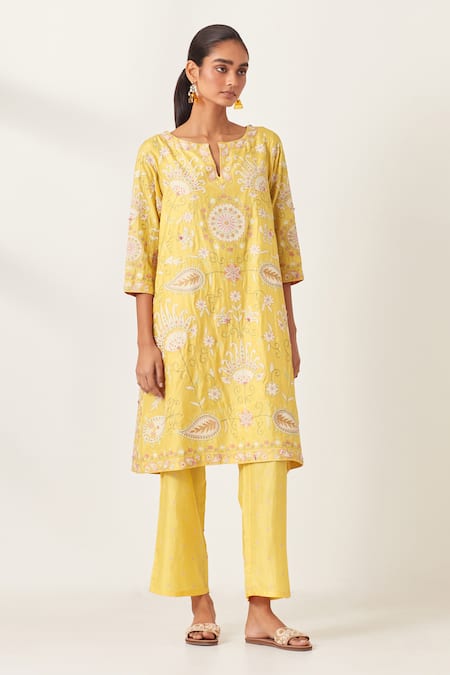 Buy_Kora_Yellow , Organza Embroidery, Applique Split V-neck Work Kurta Pant Set _Online_at_Aza_Fashions