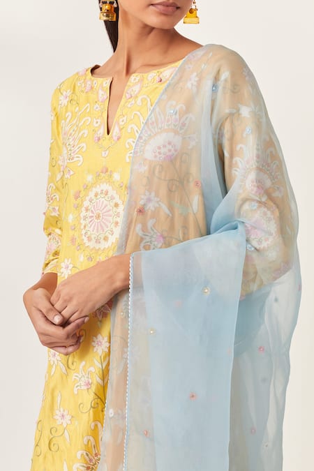 Buy_Kora_Yellow , Organza Embroidery, Applique Split V-neck Work Kurta Pant Set 