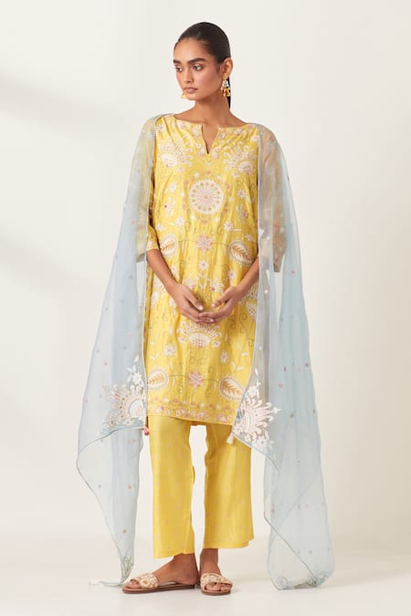 Shop_Kora_Yellow , Organza Embroidery, Applique Split V-neck Work Kurta Pant Set 