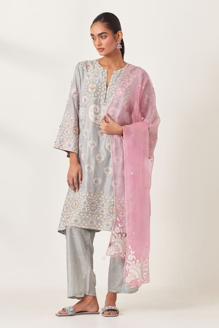 KORA Silk Floral Applique Kurta Pant Set 