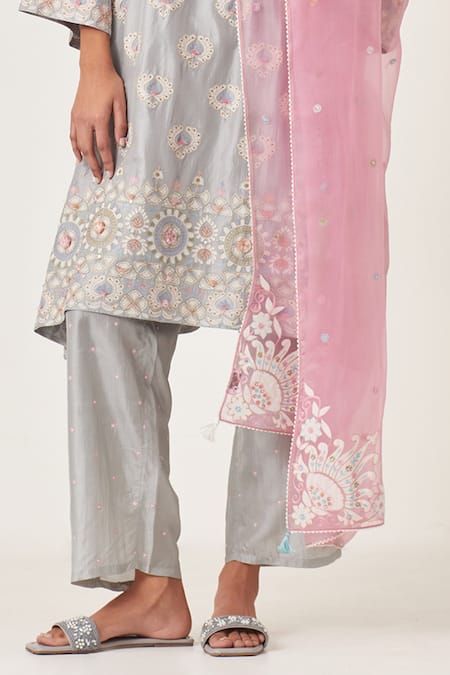 Shop_Kora_Blue , Organza Embroidery, Tassels Split Floral Applique Kurta Pant Set _Online_at_Aza_Fashions