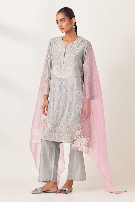 Buy_Kora_Blue , Organza Embroidery, Tassels Split Floral Applique Kurta Pant Set 